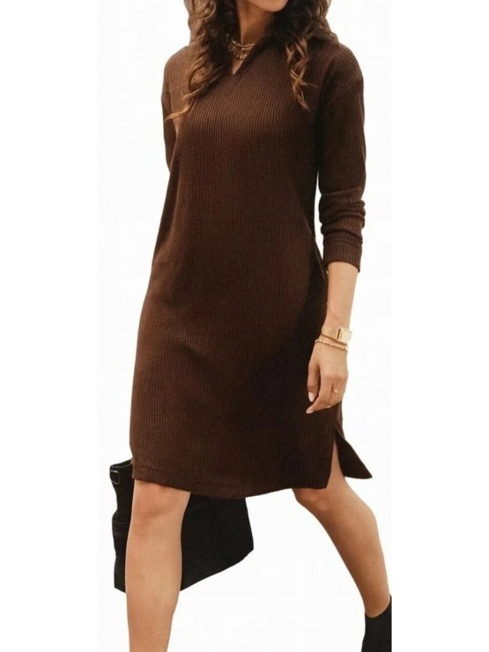 NWT Mondetta Women's S Brown Collared Long Sleeve Midi Knit Sweater Dress
